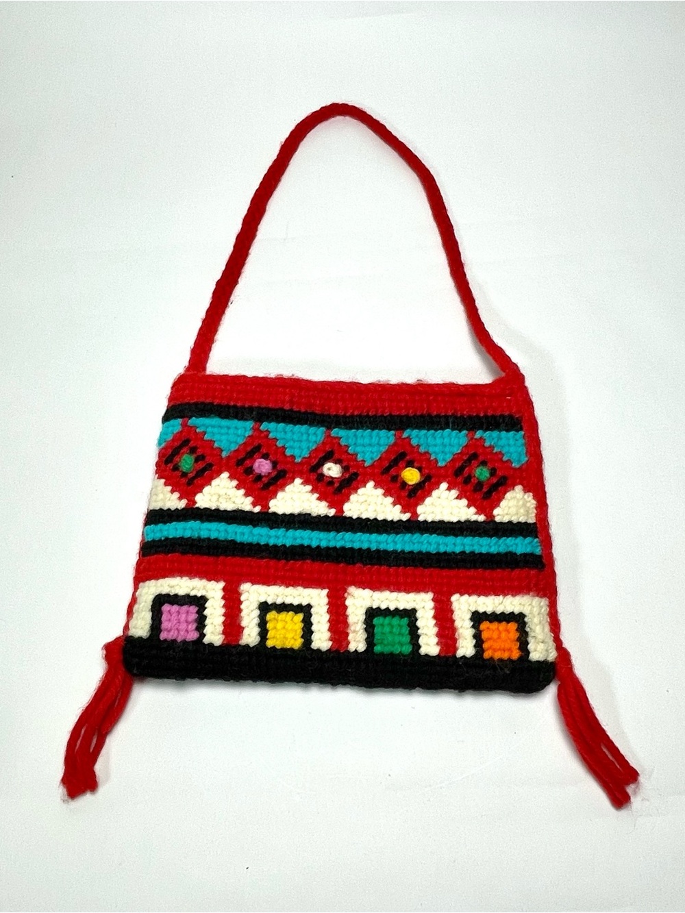 Vintage Hand Crochet Tapestry Wool Crossbody Bag Southwest Geometric Purse